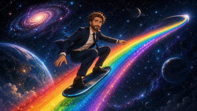 A digital illustration of a bearded man in a suit surfing on a flying surfboard along a glowing rainbow trail through a cosmic scene with galaxies and planets.