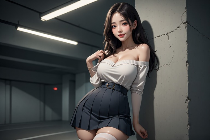 A stylized digital illustration of a young woman with long dark hair wearing a white off-shoulder top and a short black pleated skirt, leaning against a cracked concrete wall in a dimly lit industrial setting.