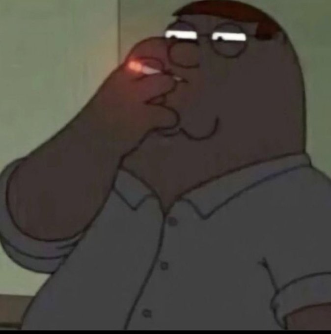 A still from an animated show featuring Peter Griffin from Family Guy wearing glasses, holding a lit cigarette near his face with a slight smile.