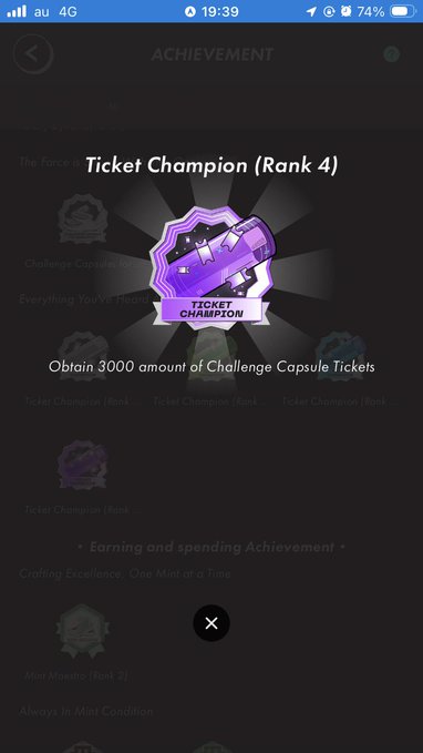 Mobile game achievement screen displaying the 'Ticket Champion (Rank 4)' badge, unlocked by obtaining 3000 Challenge Capsule Tickets.