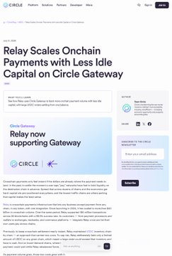 A screenshot of a Circle cryptocurrency news article titled 'Relay Scales Onchain Payments with Less Idle Capital on Circle Gateway.'