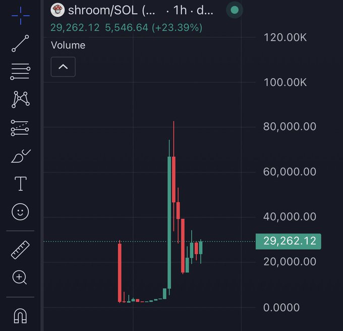 The image shows a 1-hour candlestick chart for the meme token shroom/SOL on a trading platform, displaying a sharp +23.39% pump (5,546.64) to 29,262.12 with volume spiking above 80,000 during the rally—visually reinforcing the post's bullish sentiment of "Don't fade" the runner.