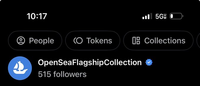 A screenshot showing the 'OpenSeaFlagshipCollection' with 515 followers and a blue verified checkmark, with navigation tabs for 'People,' 'Tokens,' and 'Collections.'