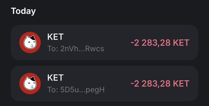 A dark-themed transaction history showing two outgoing transfers of -2,283.28 KET tokens today to partial wallet addresses 2nVh...Rwcs and 5D5u...pegH.