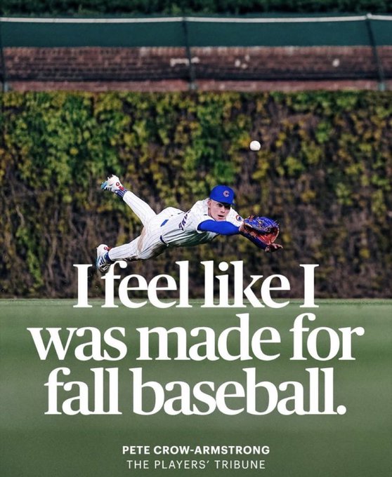 A magazine cover or advertisement for The Players' Tribune featuring a baseball player (identified as Pete Crow-Armstrong) diving horizontally for a catch in front of an ivy-covered wall, with the quote 'I feel like I was made for fall baseball.'