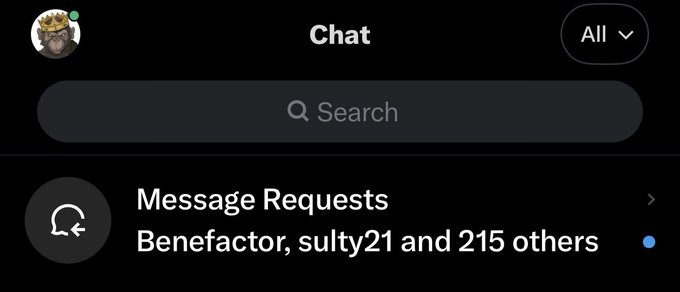 A screenshot of an Instagram chat inbox displays 217 Message Requests including one from "Benefactor" and user "sulty21," likely used to collect group names from followers wanting to be featured in upcoming NFT project collaborations.