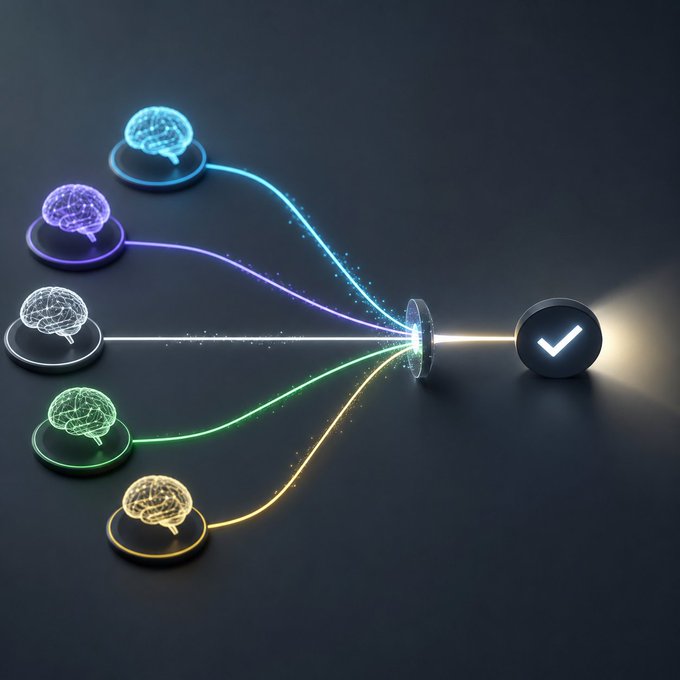 A digital illustration of five glowing brain icons connected by colorful light trails converging into a lens that projects a white checkmark on a dark background.