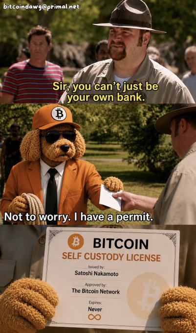 A meme showing a park ranger telling a poodle dressed in an orange suit and Bitcoin cap that he can't be his own bank, with the poodle showing a 'BITCOIN SELF CUSTODY LICENSE' issued to Satoshi Nakamoto by The Bitcoin Network, expiring Never.