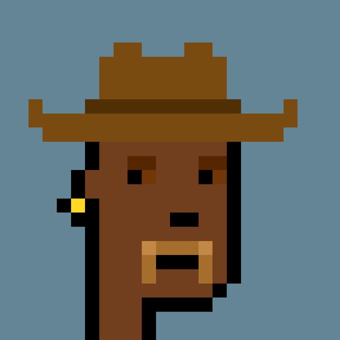 A pixel art portrait of a figure wearing a brown cowboy hat, with a brown face, small earring, and neutral expression against a blue background.