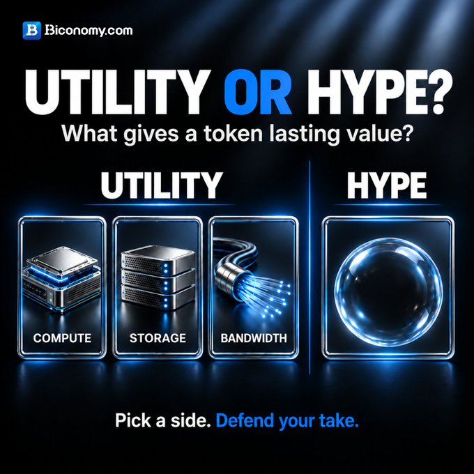 A promotional graphic from Biconomy.com titled 'UTILITY OR HYPE? What gives a token lasting value?', contrasting 'UTILITY' icons (Compute, Storage, Bandwidth) with a single 'HYPE' icon represented by a glowing blue sphere.