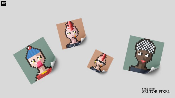 A promotional image for a 'FREE MINT' of pixel art character collectibles called 'SELTOR PIXEL', showing four pixel art portraits on sticky-note-like squares featuring characters with different hairstyles and accessories.