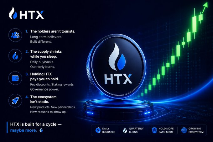 The image features an advertisement for a cryptocurrency called "HTX" with a blue background, green arrows pointing upwards, and a white text box containing information about the coin. The main focus of the image is a black coin with a flame design on top, which is placed in the center of the frame. The caption below the coin reads "Some tokens are built for a season. HTX is built for a cycle, maybe more".