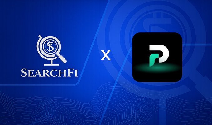 A blue promotional graphic showing a partnership between "SearchFi" and a 'P' logo app.