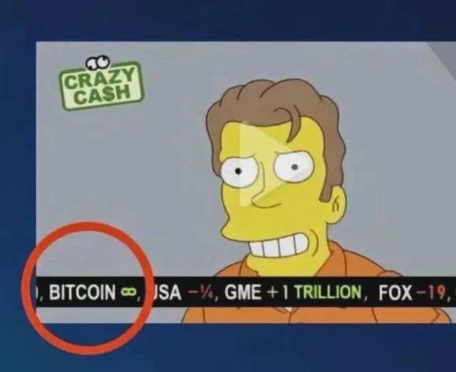 A Simpsons cartoon character appears on a 'CRAZY CASH' news broadcast with a stock ticker showing 'BITCOIN ∞, USA -¼, GME +1 TRILLION, FOX -19,' with a red circle highlighting the Bitcoin infinity symbol.
