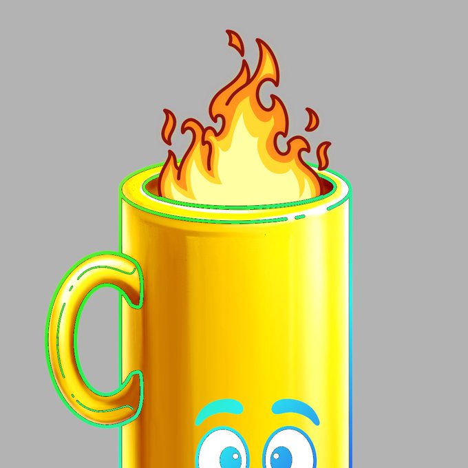 A cartoon illustration of a yellow character/mug with large blue eyes and a C-shaped handle, with animated orange and yellow flames emerging from the top, set against a gray background.