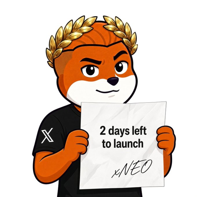 An orange fox-like cartoon mascot wearing a laurel wreath and an X logo shirt, holding a sign reading '2 days left to launch xNEO'.