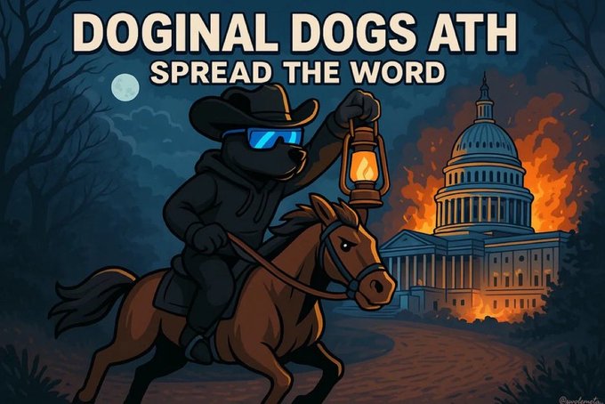A cartoon illustration titled 'DOGINAL DOGS ATH - SPREAD THE WORD' depicting an anthropomorphic black dog in a cowboy hat and sunglasses riding a horse with a lantern, with the US Capitol building on fire in the background.