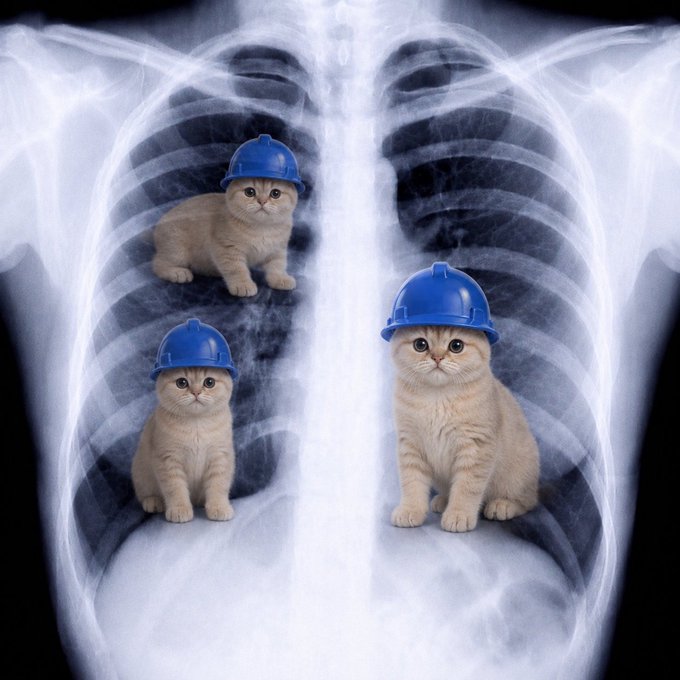 A chest X-ray humorously reveals three kittens in blue hard hats positioned where lungs would typically appear. The "CAT in me" caption plays on the wordplay of having cats inside the chest cavity while also referencing the chest X-ray imagery.