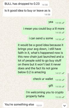 A screenshot of a WhatsApp chat where someone offers their friend more BULL tokens as a gift after explaining it brings "your avg down" following the token dropping to 0.23, with the post noting the sender gifted crypto to a truck driver friend they recently onboarded.