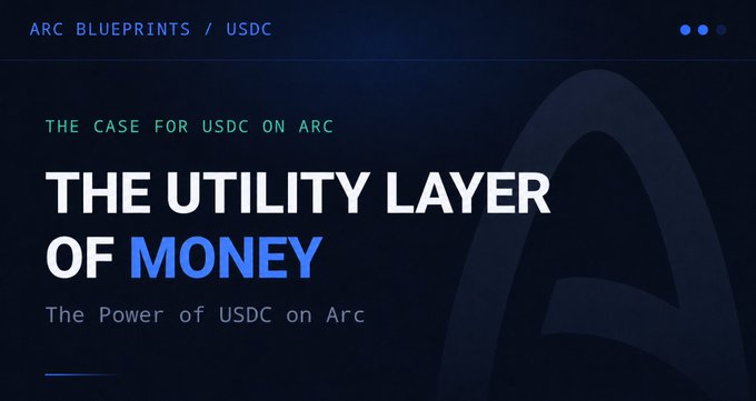 The image shows a blue banner with white text that reads "The Utility Layer of Money" and "The Power of USDC on Arc". This suggests that the focus of the discussion has shifted from stablecoins centered around holding value to the power of USDC on Arc, which is an important aspect of cryptocurrency technology.