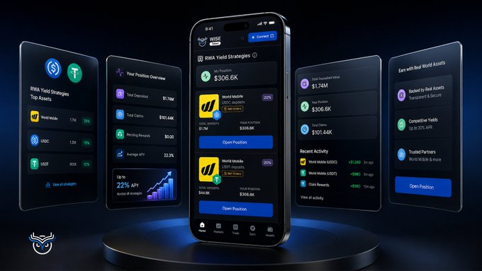 A mobile app interface for 'nwa Yield Strategies' displayed on a smartphone with multiple floating panels showing crypto assets like World Mobile, USDC, and USDT with APY percentages and 'Open Position' buttons.