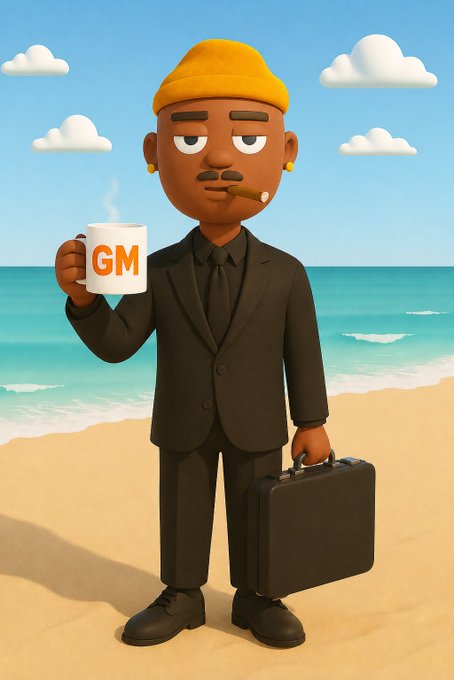 A 3D cartoon-style character in a black suit and yellow beanie holding a white mug with 'GM' text and a briefcase, standing on a beach with ocean waves in the background.