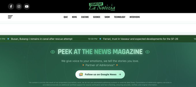 A website header for 'La Notizia' magazine, featuring a navigation menu with categories like Quiz, News, and Culture, along with a green banner inviting readers to 'PEEK AT THE NEWS MAGAZINE' and a button to follow them on Google News.