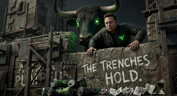 A promotional image featuring Elon Musk alongside a bull with green glowing eyes, with the text 'THE TRENCHES HOLD' written on a stone wall, surrounded by Monster energy drink cans and cash.
