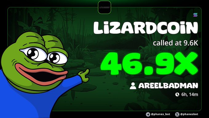 A Pepe the Frog cartoon mascot points toward a green "LIZARDCOIN" call banner displaying a 46.9x return at 9.6K, posted by "AREELBADMAN" and watermarked @phanes.bot. The image celebrates a successful trade call from the Lizardcoin call, while the accompanying post notes the obviousness of the setup and teases $GLITTER as the next play.