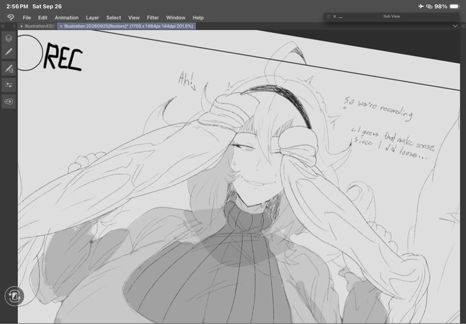 A digital sketch displayed in an illustration software showing an anime-style character with horns covering their face with their hands, with the text "REC" and "So we're recording... I guess that makes sense. Since I did teehee..." written on the canvas, relating to the "Hex debut" context as a recording of the character's introduction.