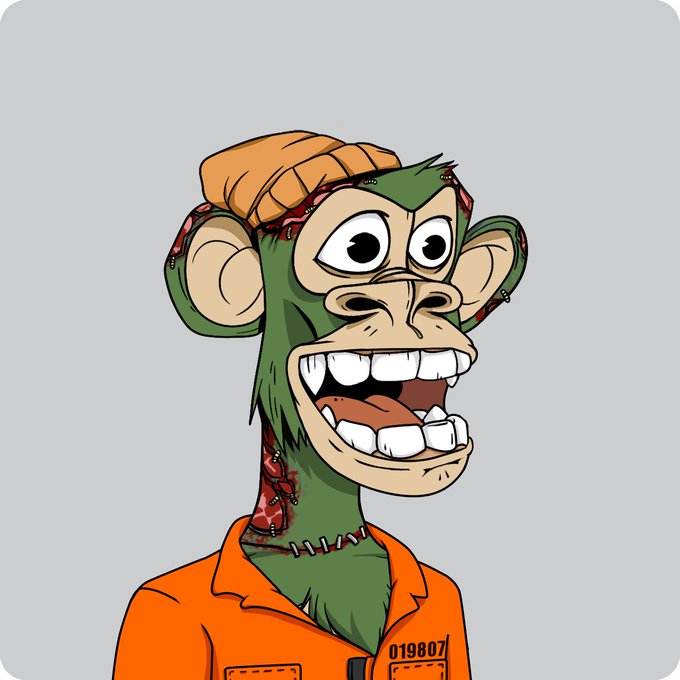A digital cartoon illustration of a green monkey character wearing an orange beanie and an orange prison jumpsuit with the number 019807 on it.