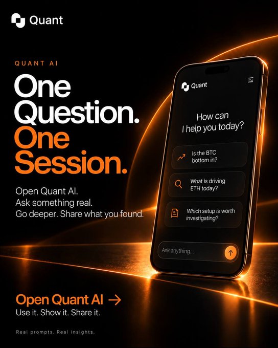 An advertisement for Quant AI shows a smartphone displaying the app interface with sample questions like "Is the BTC bottom in?" alongside the text "One Question. One Session."