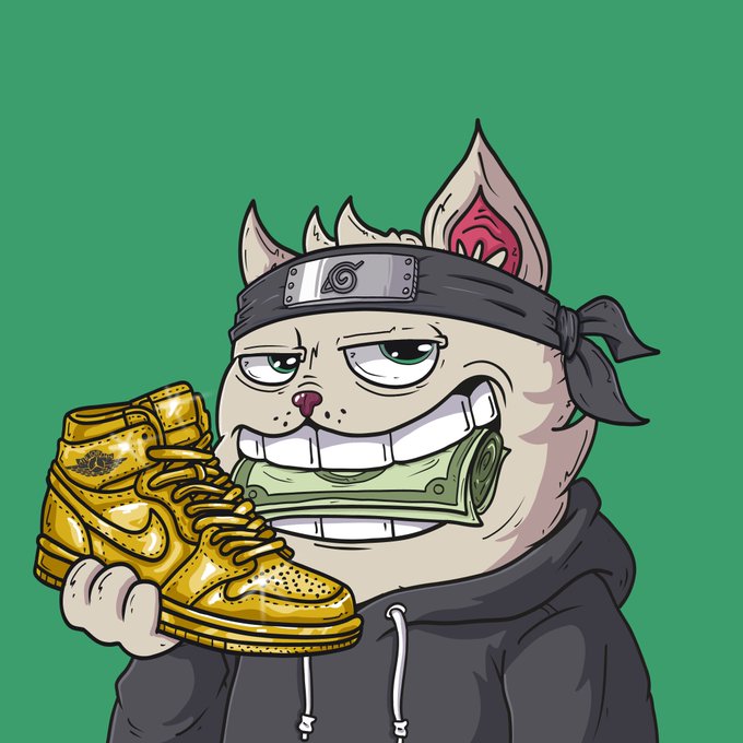 Cartoon illustration of a grinning cat-like character wearing a ninja headband and hoodie, holding up gold sneakers against a green background.