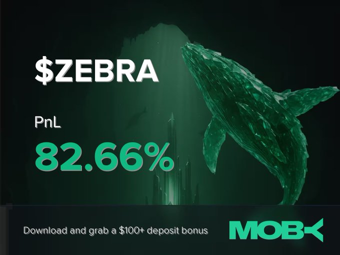 A cosplayer with silver hair and a star hairclip poses in a pink outfit with floral patterns and fishnet stockings, in a setting that visually complements the Moby Mobile promotional banner announcing a Win Alert for $ZEBRA with a +82.66% PnL and a $100+ deposit bonus.