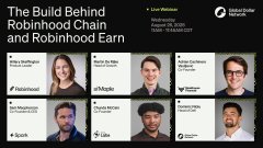 A presentation slide titled "The Build Behind Robinhood Chain and Robinhood Earn" featuring headshots of the team members, with a "Global Dollar Network" logo in the top right corner.