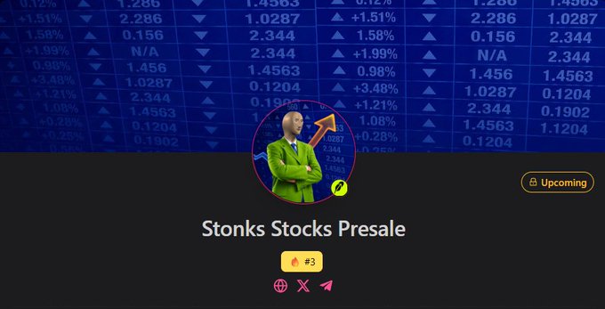 A promotional graphic for "Stonks Stocks Presale" featuring a 3D character in a green suit with an upward arrow, set against a backdrop of stock market data, including ticker symbols and percentages, highlighting the upcoming #3 presale event.