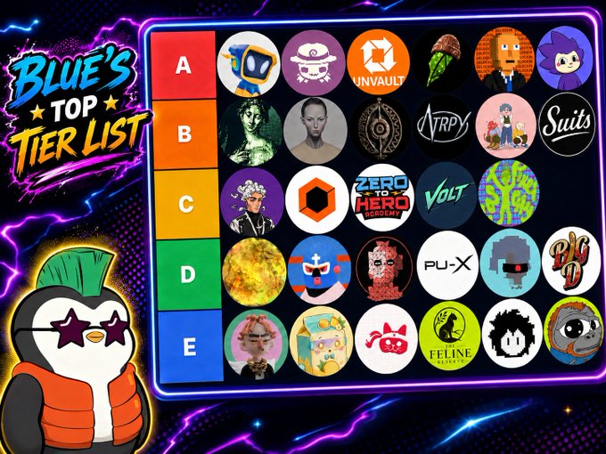 A vibrant tier list titled "BLUE'S TOP TIER LIST" ranks various NFT projects (including @OriginalBlokyz, @hollows_nft, @RobinWifHat, @unvault, @clockincoin, and @ChogNFT in A tier) from A to E against a neon purple background, with a cartoon penguin character wearing star-shaped sunglasses in the corner.