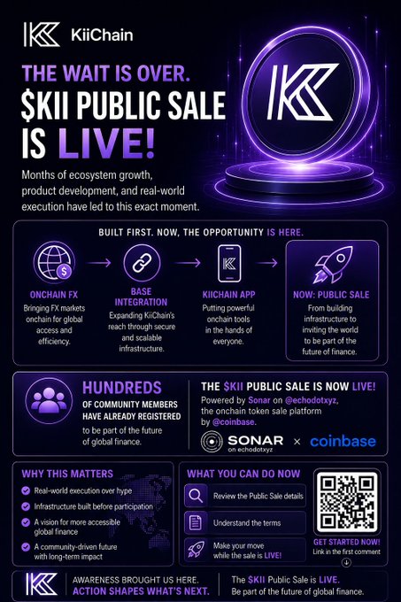 A promotional poster for 'KiiChain' announcing that the '$KII PUBLIC SALE IS LIVE!', detailing ecosystem developments, the token sale on Sonar and Coinbase, and a QR code.
