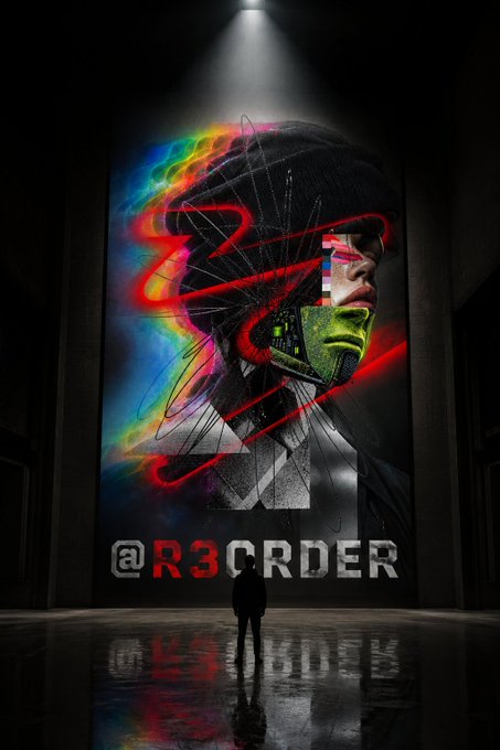 A vibrant digital artwork displayed on a large wall featuring a stylized figure with neon rainbow swirls and the text '@R3CORDER', with a silhouetted person standing in front.