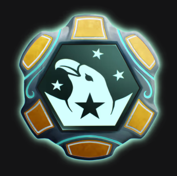 A glowing hexagonal emblem with a stylized white rabbit/eagle head design and stars in the center, framed by orange panels with cyan glowing edges.