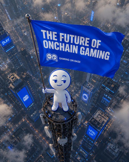 A promotional 3D render for 'THE FUTURE OF ONCHAIN GAMING' by Gaming on Base, featuring a cartoon mascot standing atop a skyscraper holding a large blue flag above a futuristic cityscape with gaming-themed billboards.