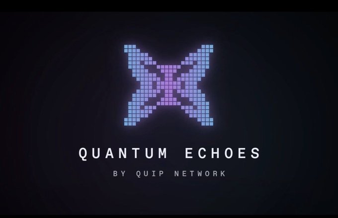 A logo featuring a pixelated X-shaped emblem in blue and purple gradient tones appears above the text "QUANTUM ECHOES BY QUIP NETWORK" on a dark background.