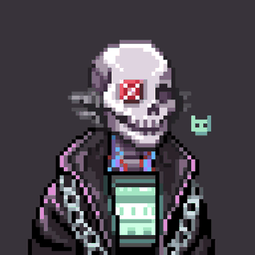A pixel art character with a skull-like face, red eye, and purple jacket stands against a dark gray background, accompanied by a small green pixel creature.