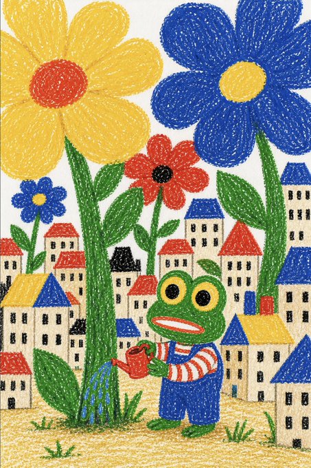 A whimsical crayon-style illustration features a green frog in overalls watering a giant yellow flower with a red watering can, surrounded by oversized blue and red blooms and a charming village of tiny houses. The "gm" (good morning) post pairs perfectly with this cheerful, childlike scene of a frog tending to a blooming garden at the start of the day.
