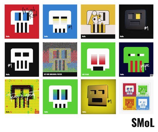 A grid of 12 pixel art skull variations in various colors (red, blue, green, yellow, black) and styles, with the text 'SMoL' visible in the bottom right corner.