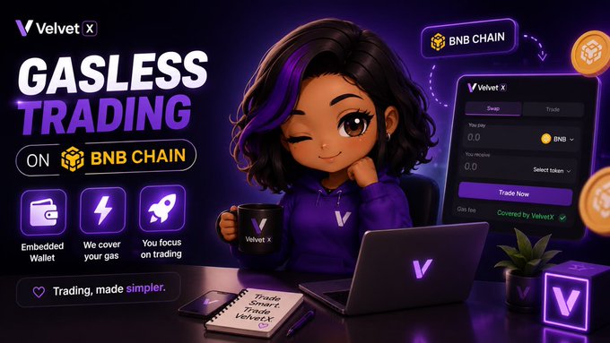 A promotional banner for 'Velvet' advertises 'GASLESS TRADING ON BNB CHAIN', featuring a cartoon character at a laptop and highlights for embedded wallet, covering gas, and focusing on trading.