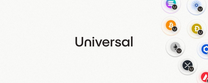 A minimalist banner featuring the word "Universal" alongside a cluster of cryptocurrency coin icons—including XRP, Cardano, Bitcoin, Polkadot, Ethereum, and X—and small "U" badges, representing the cross-chain asset protocol.