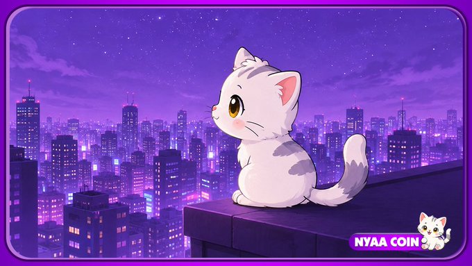 An anime-style white cat sits on a ledge overlooking a purple-hued cityscape at night, with a "NYAA COIN" logo and mascot in the bottom right corner.