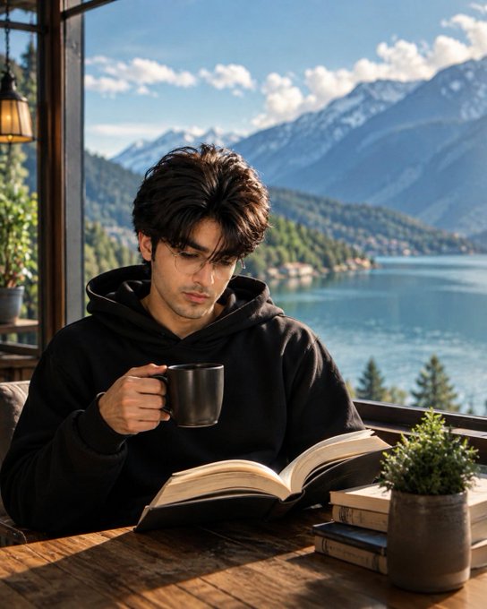 A young man in a black hoodie sits at a wooden table by a large window, holding a black mug and reading an open book, with a picturesque lake and snow-capped mountains visible outside.
