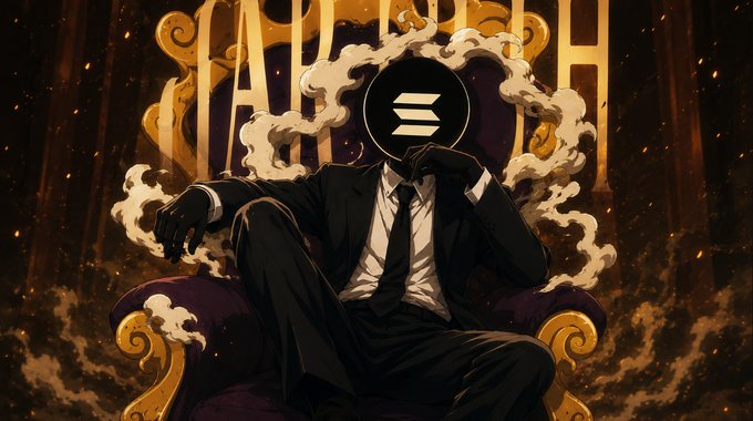 An anime-style illustration of a figure in a black suit and tie sitting on an ornate gold chair with purple upholstery, featuring a black circle with a white equal sign where the head would be, with the word 'TRUTH' in the background.